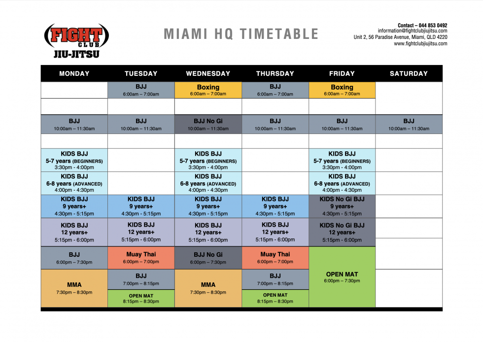 Miami Timetable Fight Club Jiu Jitsu